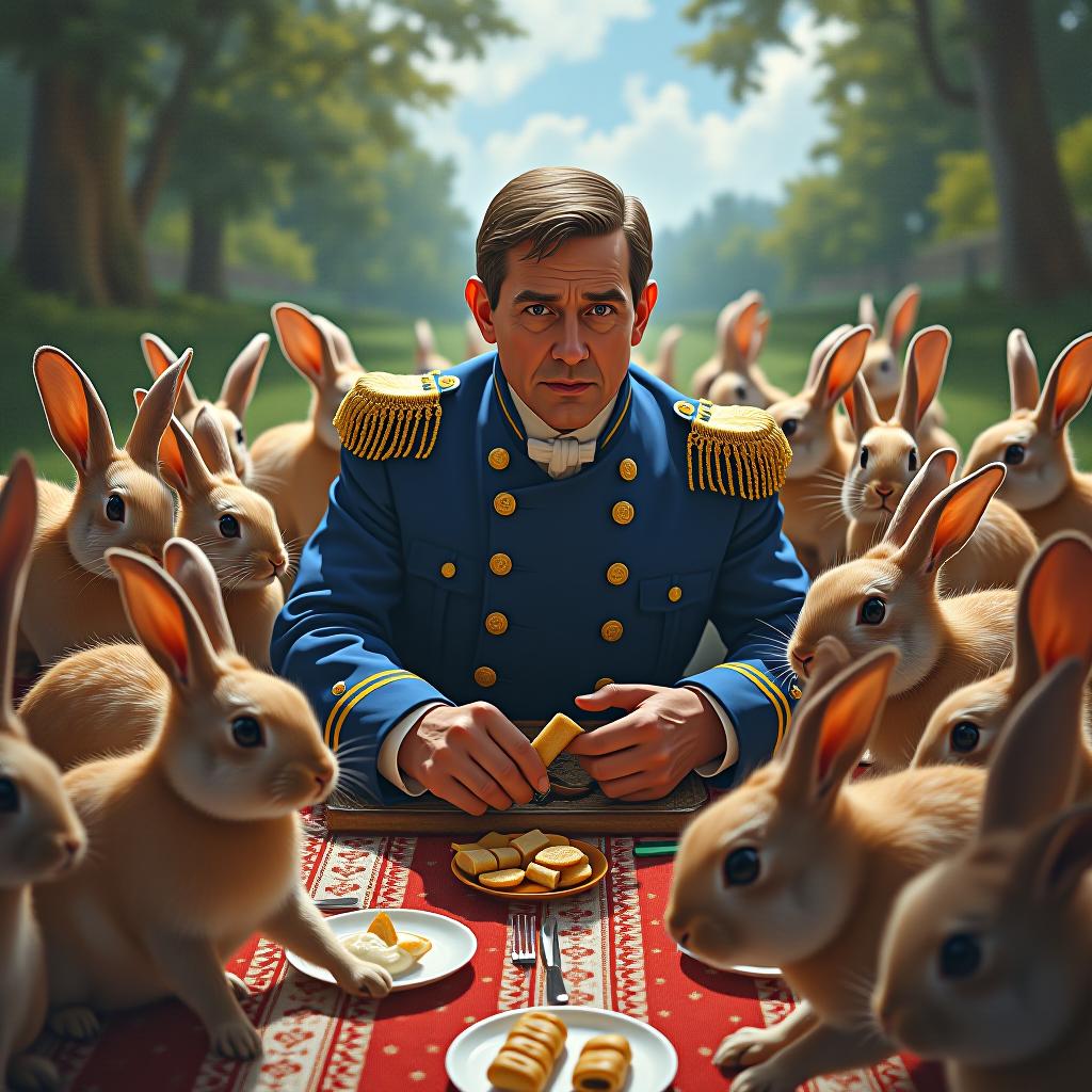  create a high quality, photorealistic image that vividly depicts the following scene: vibrant surreal painting, napoleon bonaparte in period uniform (embellished royal blue jacket with gold epaulettes), bemused expression, surrounded by a voracious pack of rabbits. setting is a vibrant french countryside, a picnic setup disrupted in the chaos. rendered in intense saturation and contrast, expressive brushwork, spotlight on the central action, picturesque background fades into soft impressionistic blur, reminiscent of late 18th century painting style, digital creation, wacom, 4k, lossless png, atmospheric perspective, frozen in frame. the image should: focus on the specific actions, emotions, and elements described in the scen hyperrealistic, full body, detailed clothing, highly detailed, cinematic lighting, stunningly beautiful, intricate, sharp focus, f/1. 8, 85mm, (centered image composition), (professionally color graded), ((bright soft diffused light)), volumetric fog, trending on instagram, trending on tumblr, HDR 4K, 8K