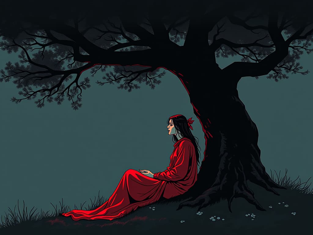  content individual in red attire, sitting under a tall tree, serene expression, aura of deep fulfillment. the style is digital art illustration / modern comic book / graphic dark novel fantasy and mysterious occult, symbolic, moody lighting, esoteric vibe,high detail on character design. for the color scheme emphasize blacks and reds.