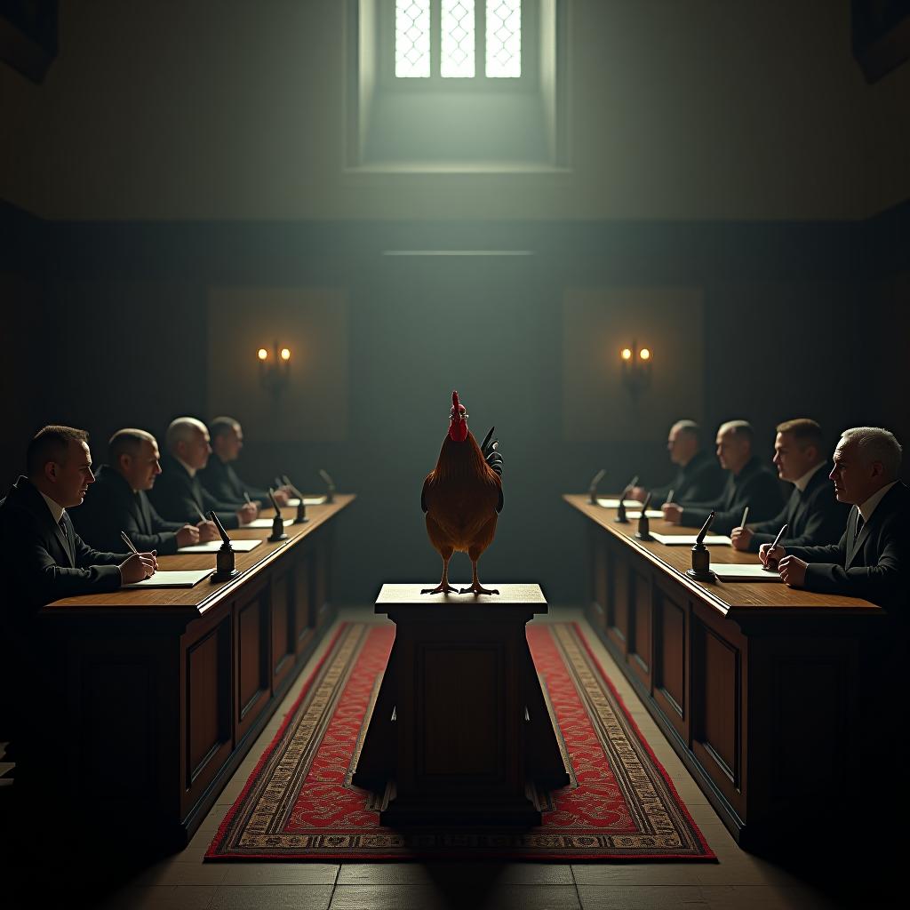  create a high quality, photorealistic image that vividly depicts the following scene: "a meticulously crafted, panoramic view of a ancient courtroom scene imprinted within the depths of the medieval era, featuring an amusingly disoriented rooster positioned on a downsized witness stand as the central attraction. encircling the bird, somber adjudicators in period appropriate attire, the swift movement of their quill pens immortalized amidst the faintly illuminated, eerie atmosphere. chilling granite walls and majestic timber pulpits, packed with a silent assembly awash in an unusual blend of bewilderment, merriment, and astonishment. convey the unprecedented, almost fanciful peculiarity of the scenario, utilizing leica m10 r, f/2.8, iso hyperrealistic, full body, detailed clothing, highly detailed, cinematic lighting, stunningly beautiful, intricate, sharp focus, f/1. 8, 85mm, (centered image composition), (professionally color graded), ((bright soft diffused light)), volumetric fog, trending on instagram, trending on tumblr, HDR 4K, 8K