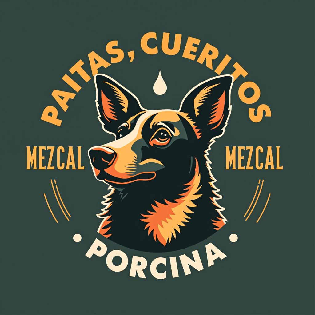  design a logo, en círculo abajo que diga patitas, cueritos & mezcal en el centro un la cabeza de un puerco abstracto sonriente disfrutando y , with the text 'patitas, cueritos $ mezcal porcino'.