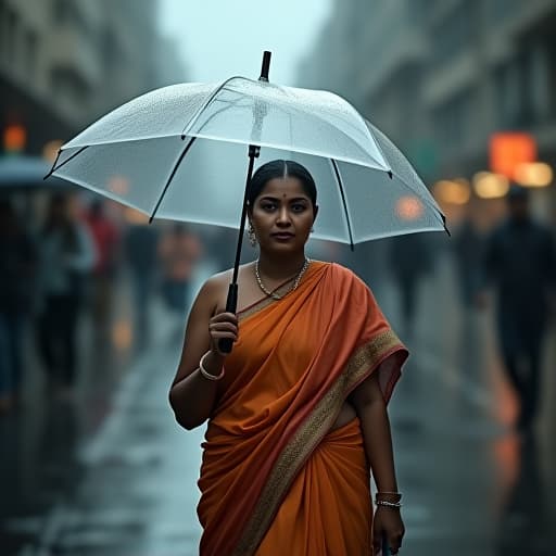  2s plus size indian walking on street with transperant umbrella, heavy rain, dramatic clouds, transparent full size , hd clean face, blur public, huge extremely big, under, bbwsize, half body portrait, big , 8k, ultra hd hyperrealistic, full body, detailed clothing, highly detailed, cinematic lighting, stunningly beautiful, intricate, sharp focus, f/1. 8, 85mm, (centered image composition), (professionally color graded), ((bright soft diffused light)), volumetric fog, trending on instagram, trending on tumblr, HDR 4K, 8K