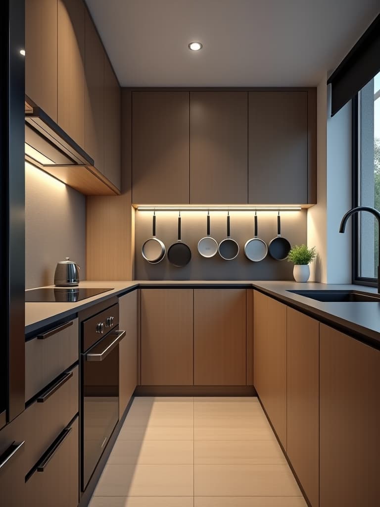  high quality portrait photo of a sleek, modern small kitchen with vertical storage solutions, including a magnetic knife strip and hanging pot rack, shot from a low angle to emphasize height hyperrealistic, full body, detailed clothing, highly detailed, cinematic lighting, stunningly beautiful, intricate, sharp focus, f/1. 8, 85mm, (centered image composition), (professionally color graded), ((bright soft diffused light)), volumetric fog, trending on instagram, trending on tumblr, HDR 4K, 8K