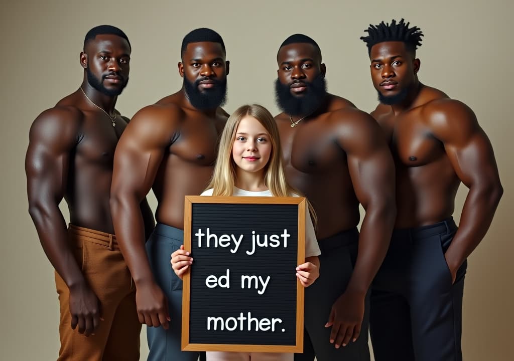  a group of four african muscular men with huge standing behind a small blonde white holding a board written with "they just ed my mother" in video studio background