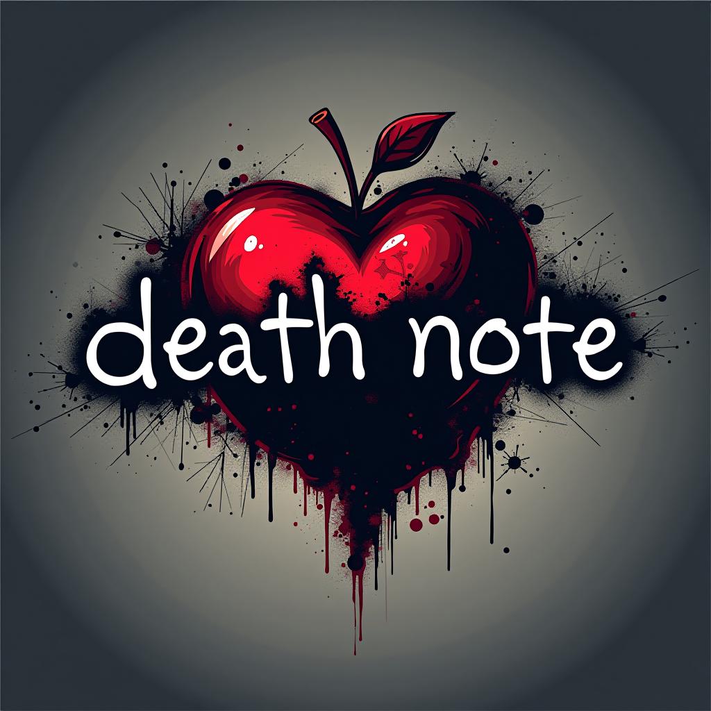  graffiti art style, design a logo using photoshop style effects. the logo should prominently feature the text 'pranav ajay' in a sleek, anime inspired font. incorporate elements and motifs from death note, such as the death note book or a stylized apple, ensuring the design is unique and original. the color scheme should be dark and dramatic, reflecting the intense and mysterious atmosphere of the anime.", dynamic, dramatic, vibrant colors, graffiti art style