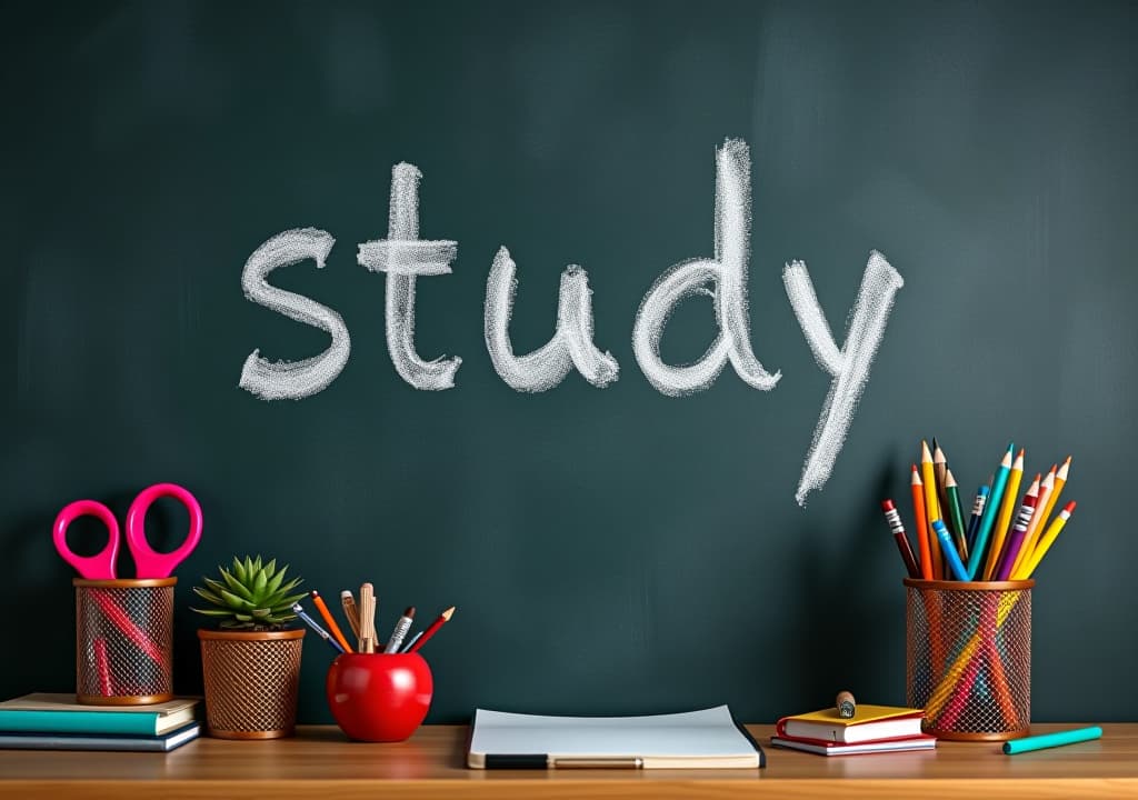  chalkboard with text "study" written in chalk school supplies on desk