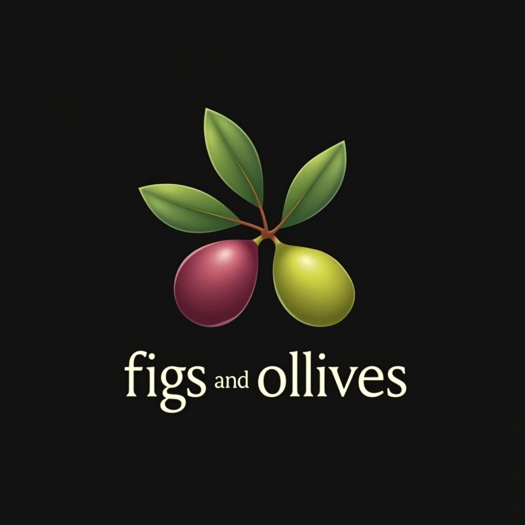  design a logo, fig leaf and olives, black background, with the text 'figs and olives'.