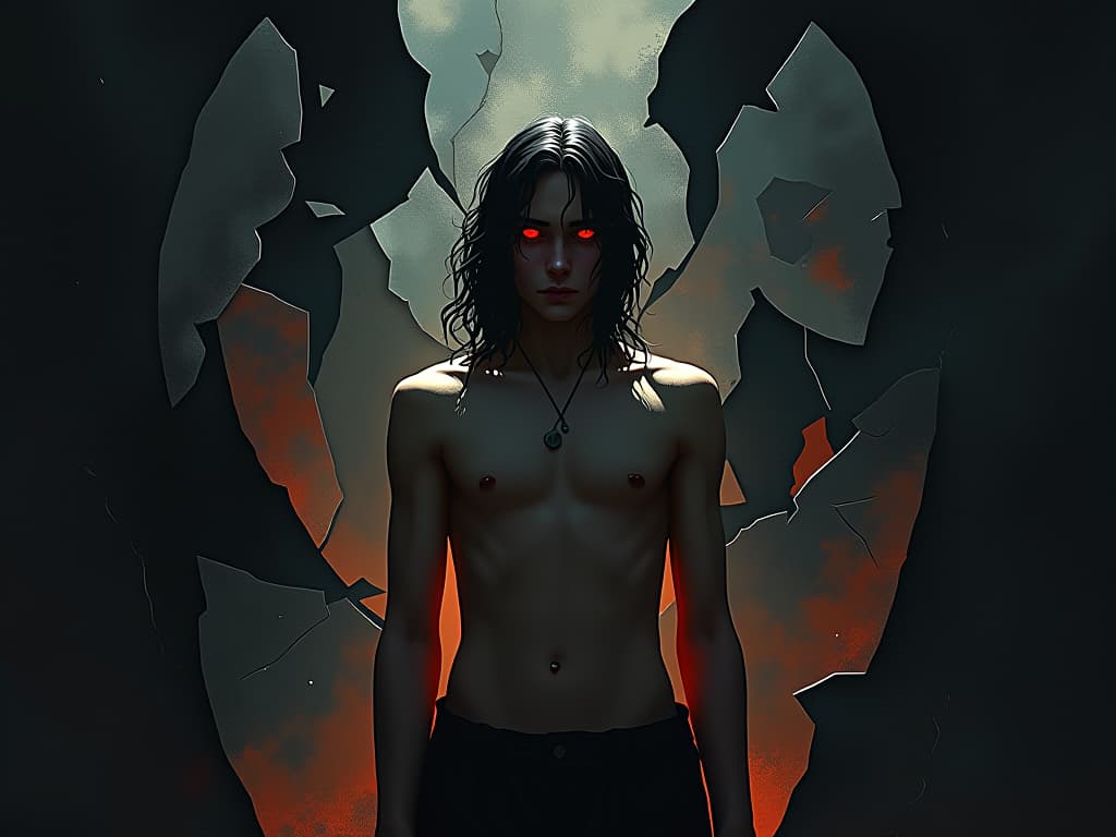  individual surrounded by broken relationships, visualized as shattered mirrors, expression of contemplation, faint light suggesting hope, quiet and reflective atmosphere.. the style is dark fantasy and mysterious occult, symbolic, moody lighting, esoteric vibe,high detail on character design. for the color scheme emphasize blacks and reds.