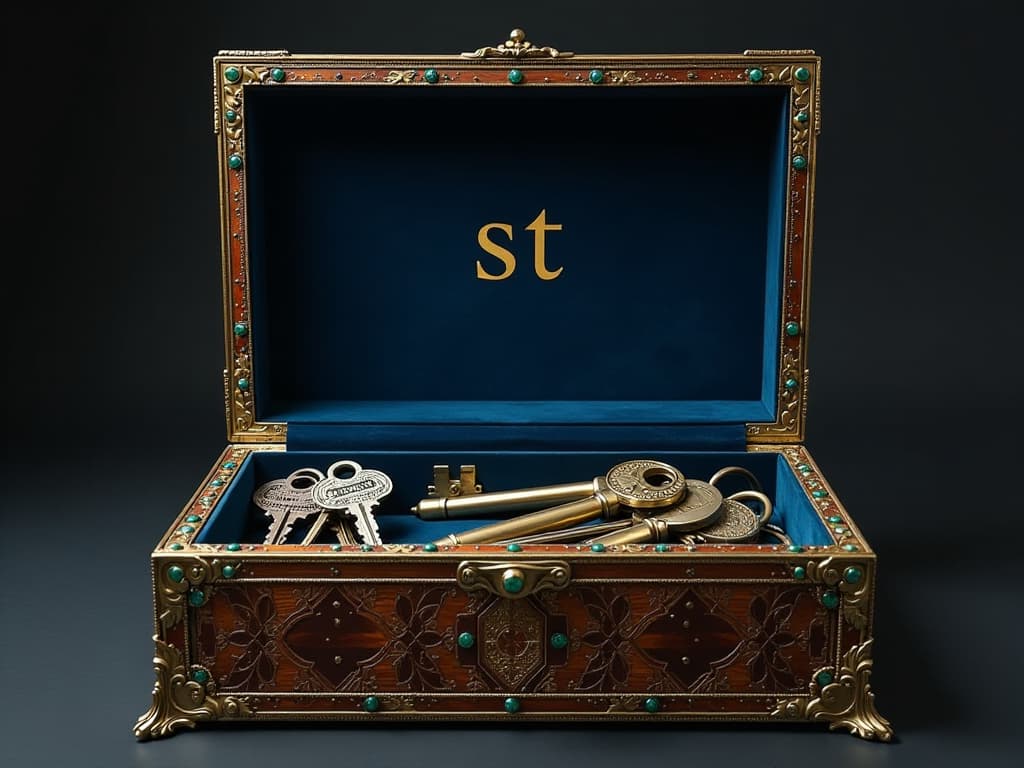  i look into a large, open antique, elegant box with a gold edging inlaid with emeralds and sapirs, stuffed with keys and tools. located flat, full face, right in front of my face inside a dark blue velour. on the front panel of the box is the "s t" of gold