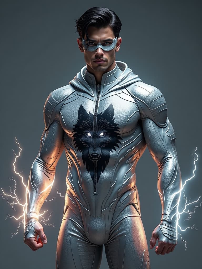  full body photorealistic handsome hunky young slender futuristic male hero with black hair wearing a silver micro scale textured costume and stylized eye mask.., with black wolf print on the front,,,, and wristbands that manipulate energy , his body is covered with lightning bursting energy,,