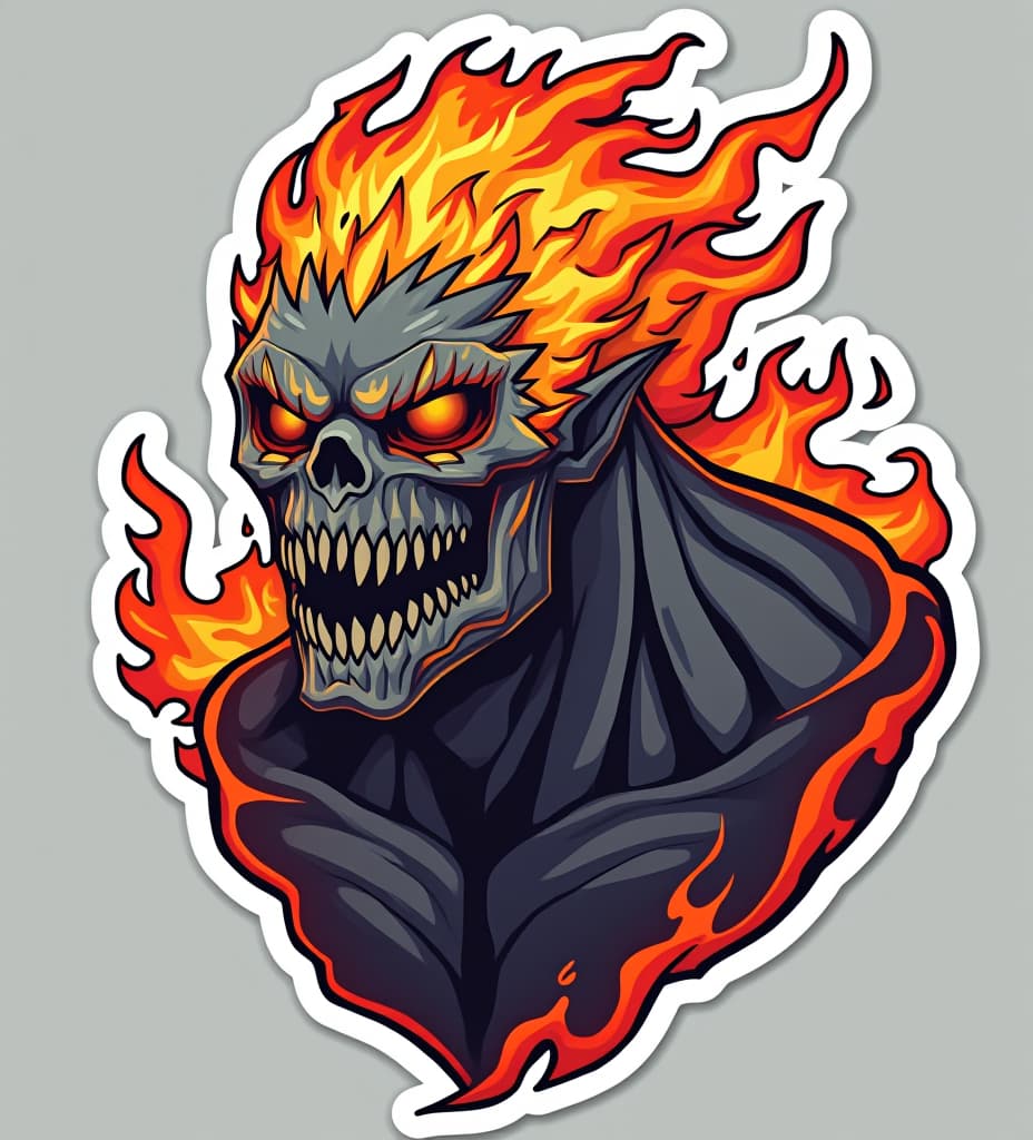  vector art stickers, generate doomsday monster bust with flames behind his head simplified, professional vector design, sticker designs, sticker sheet