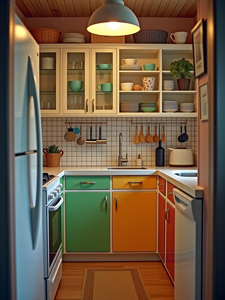  high quality portrait photo of a compact apartment kitchen with clever organization, colorful accents, and budget friendly updates like contact paper on countertops and painted cabinets hyperrealistic, full body, detailed clothing, highly detailed, cinematic lighting, stunningly beautiful, intricate, sharp focus, f/1. 8, 85mm, (centered image composition), (professionally color graded), ((bright soft diffused light)), volumetric fog, trending on instagram, trending on tumblr, HDR 4K, 8K