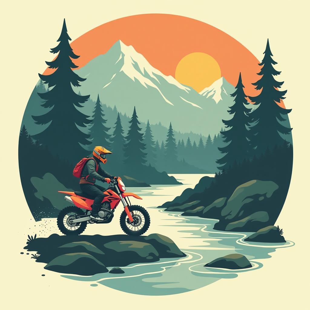  minimalist style flat illustration, retro colors. mountings, forest, river, sun. objects 4 pcs are: enduro motorbike, snowmobile, jetski, quad atv . simple, clean, uncluttered, modern, elegant