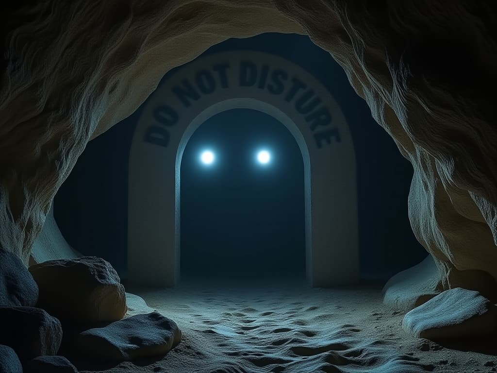  big letters "do not disturb" are carved in stone above the dark entrance in a primitive cave, two shining eyes are visible from the darkness hyperrealistic, full body, detailed clothing, highly detailed, cinematic lighting, stunningly beautiful, intricate, sharp focus, f/1. 8, 85mm, (centered image composition), (professionally color graded), ((bright soft diffused light)), volumetric fog, trending on instagram, trending on tumblr, HDR 4K, 8K