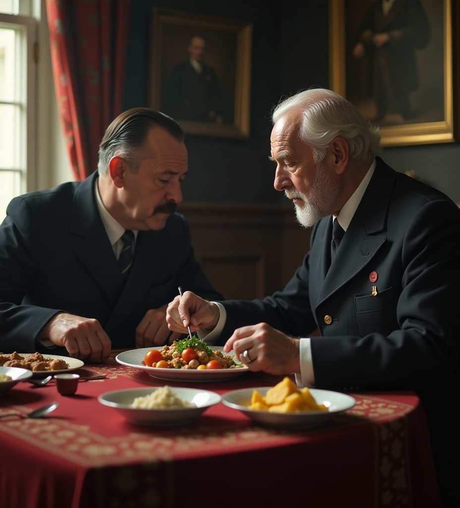  hitler and bin laden having lunch, high quality, high details, hd, perfect composition, 4k epic detailed, highly detailed, sharp focus, high resolution