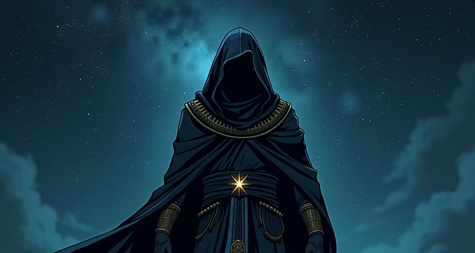  figure shrouded in mystery against a night sky, universe seemingly cheated. the style is digital art illustration / modern comic book / mysterious occult, symbolic, esoteric vibe,high detail on character design, incorporating ancient egyptian symbology and attire.