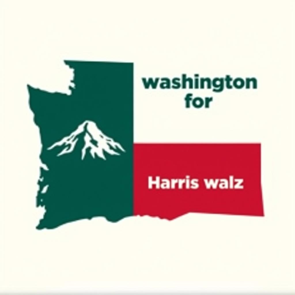  a design inspired by the washington state flag. the left side features a green vertical stripe with mt. rainer in the center. the right side is divided into two horizontal sections: the top section is white with the text 'washington for' in bold, green, uppercase letters, and the bottom section is red with the text 'harris walz' in bold, white, uppercase letters. the overall layout is clean and straightforward, with a clear and patriotic color scheme of blue, white, and red.