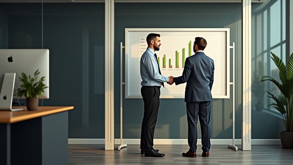  hdr photo of two full length businessmen are standing next to a chart board in the office . high dynamic range, vivid, rich details, clear shadows and highlights, realistic, intense, enhanced contrast, highly detailed