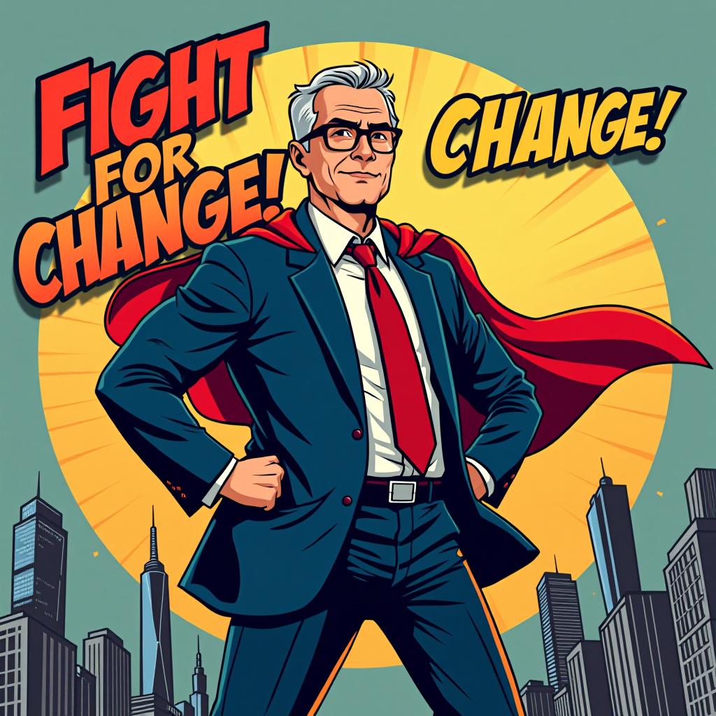  depict tim walz as a comic book hero, standing strong in a suit with his sleeves rolled up, reflecting his hands on leadership style. give him a determined expression, gray hair swept back, and glasses. he stands on a city skyline with a cape billowing behind him, symbolizing his proactive approach to governance. add action words like “fight for change!” in dynamic, bold letters, for tshirt design