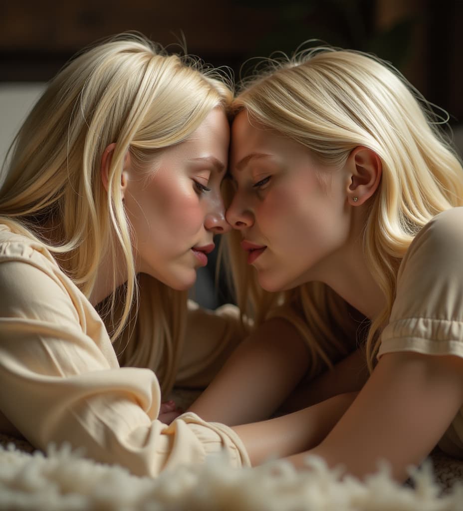  two completly blondes laying on top of each other biting , high quality, high details, hd, perfect composition, 4k epic detailed, highly detailed, sharp focus, high resolution