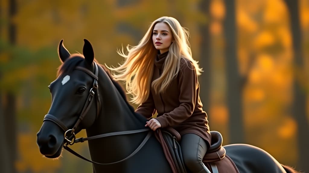  young woman with long blond hair riding black horse in autumn