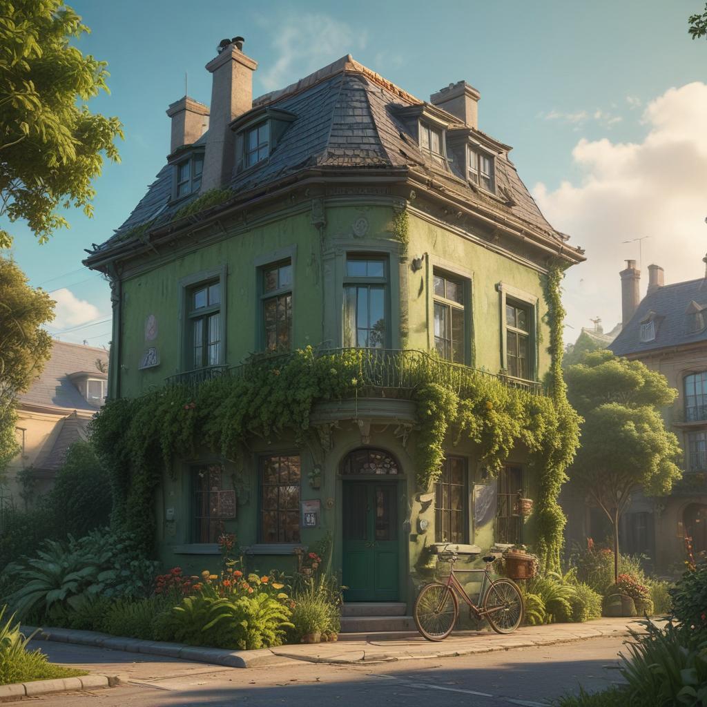 ((masterpiece)),(((best quality))), 8k, high detailed, ultra detailed,A charming green cartoon style building with a rooftop garden, small animals peeking out from behind bushes, a rainbow stretching across the sky, a bicycle parked outside, a peaceful and idyllic setting hyperrealistic, full body, detailed clothing, highly detailed, cinematic lighting, stunningly beautiful, intricate, sharp focus, f/1. 8, 85mm, (centered image composition), (professionally color graded), ((bright soft diffused light)), volumetric fog, trending on instagram, trending on tumblr, HDR 4K, 8K