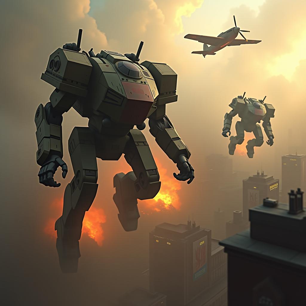  (mechs and biplanes:1.3) battling over a (1940s inspired cityscape:1.2), smoke and explosions, propaganda posters, inspired by alternate history wwii, gritty oil painting style, desaturated colors with bursts of flame, 16k uhd hyperrealistic, full body, detailed clothing, highly detailed, cinematic lighting, stunningly beautiful, intricate, sharp focus, f/1. 8, 85mm, (centered image composition), (professionally color graded), ((bright soft diffused light)), volumetric fog, trending on instagram, trending on tumblr, HDR 4K, 8K