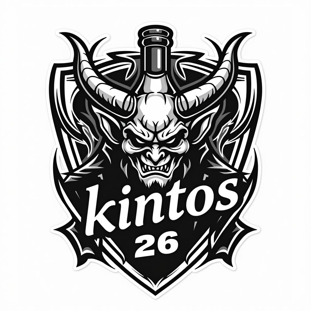  design a logo, hazme un logo, que contenga un demonio, una botella de jaguer,ron,vodka, un campanario,que sea en blanco y negro y que tenga forma de un escudo de un equipo de futbol y que tenga un letrero que ponga “kintos 25 26” solo los colores blanco y negro nada de tonos entre medio y el fondo blanco, with the text 'kintos 25 26'.