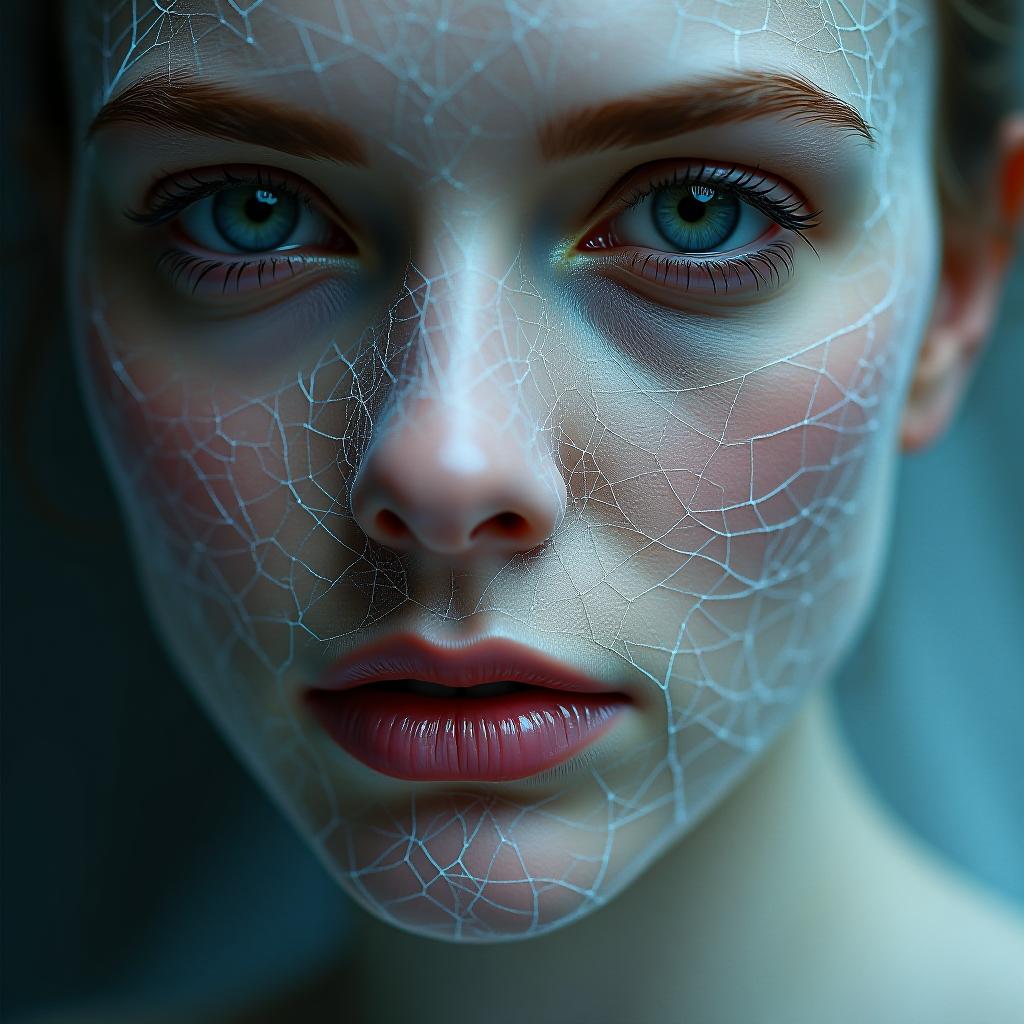  close up of a person's face covered in a delicate, intricate web like material