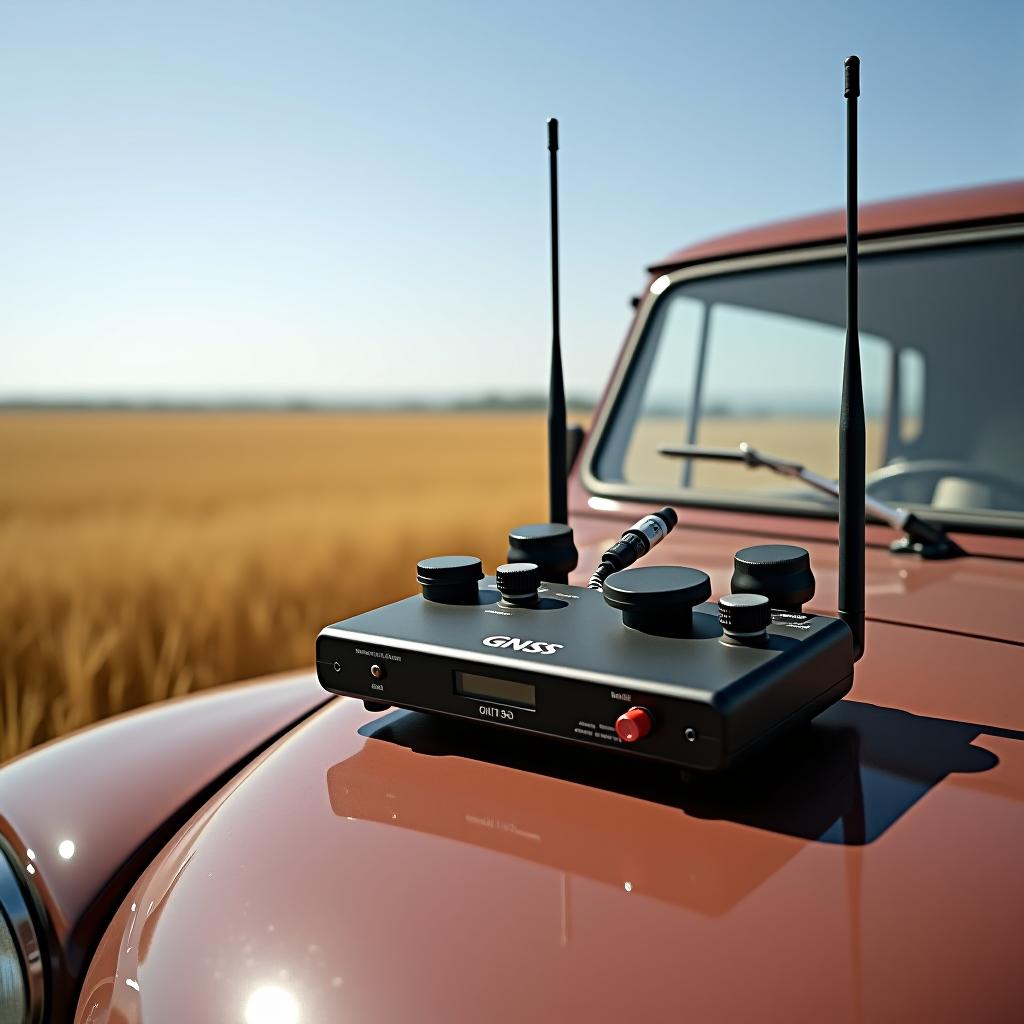  gnss receiver r70 on the car hood in wheat fields.