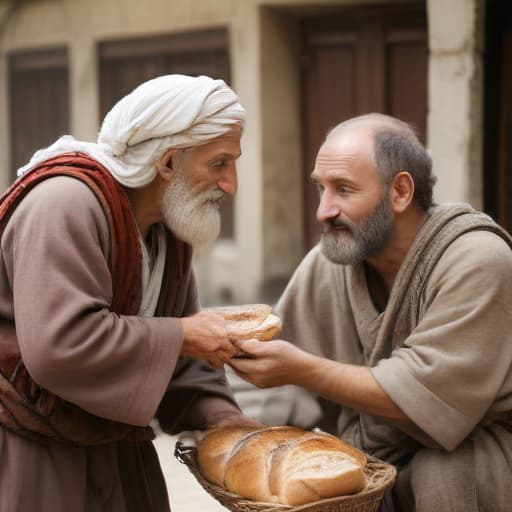 A man of wise giving bread to a poor man.