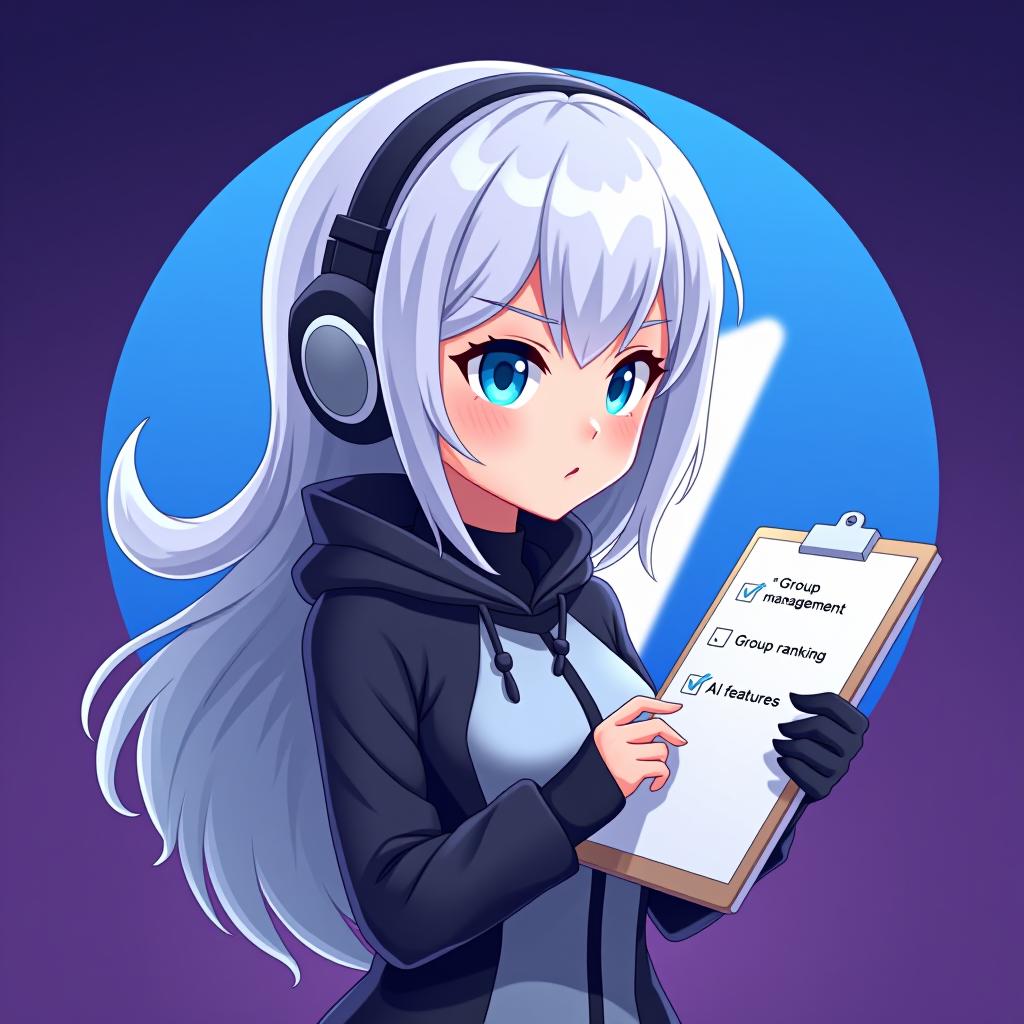  good quality, high quality, a profile picture for a telegram group management bot featuring emilia from re:zero. emilia is depicted with her silver hair and blue eyes, holding a stylized clipboard with a checklist. checklist in "group mangement" "spam protection" "group ranking" "ai features", the background is a soft gradient of telegram logo purple and blue, symbolizing efficiency and organization. the telegram iconic logo is subtly integrated into the background, starting small near emilia and gradually growing in size and brightness as it moves outward, blending smoothly with the gradient color,