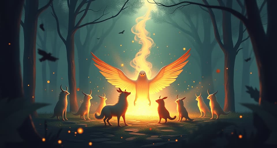  a gathering of ethereal beings in a glowing forest, erupting into an unexpected confrontation. shattered calm, emotional outbursts, whimsical scene turned chaotic.. the style is digital art illustration,highly detailed, whimsical,magical, dreamlike atmosphere, realism and fantasy blend, smooth, glossy textures,luminous quality, wonder and enchantment.