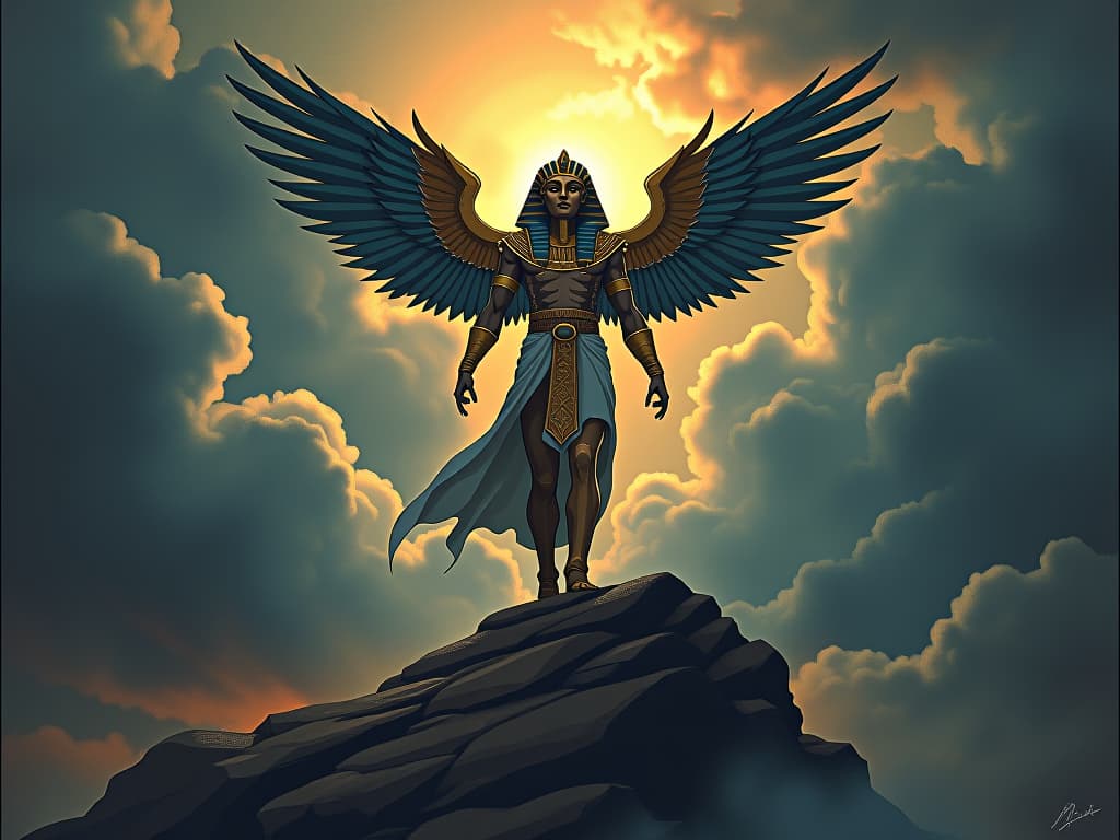  pharaoh rising above swirling storm clouds, commanding presence, atmosphere of power and control. the style is digital art illustration / modern comic book / mysterious occult, symbolic, esoteric vibe,high detail on character design, incorporating ancient egyptian symbology and attire.