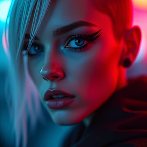  ultra realistic close up portrait ((beautiful pale cyberpunk female with heavy black eyeliner)), blue eyes, shaved side haircut, hyper detail, cinematic lighting, magic neon, dark red city, canon eos r3, nikon, f/1.4, iso 200, 1/160s, 8k, raw, unedited, symmetrical balance, in frame, 8k hyperrealistic, full body, detailed clothing, highly detailed, cinematic lighting, stunningly beautiful, intricate, sharp focus, f/1. 8, 85mm, (centered image composition), (professionally color graded), ((bright soft diffused light)), volumetric fog, trending on instagram, trending on tumblr, HDR 4K, 8K