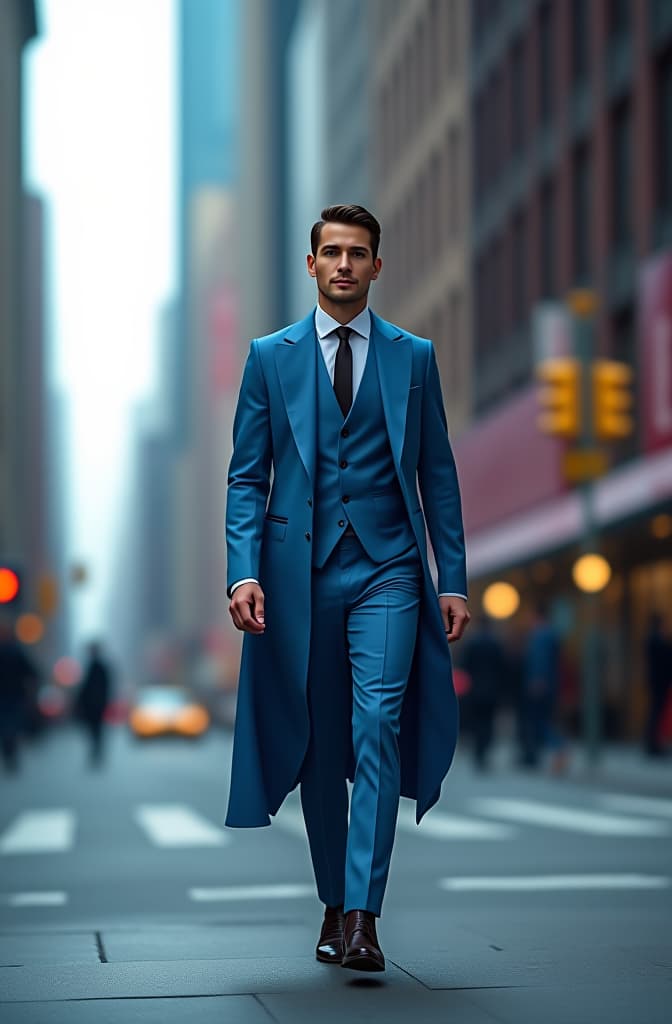  hombre vestido de traje azul caminando en nueva york hyperrealistic, full body, detailed clothing, highly detailed, cinematic lighting, stunningly beautiful, intricate, sharp focus, f/1. 8, 85mm, (centered image composition), (professionally color graded), ((bright soft diffused light)), volumetric fog, trending on instagram, trending on tumblr, HDR 4K, 8K