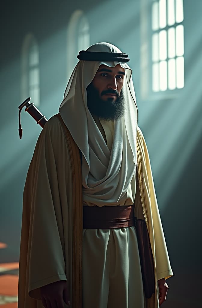  sheikh hyperrealistic, full body, detailed clothing, highly detailed, cinematic lighting, stunningly beautiful, intricate, sharp focus, f/1. 8, 85mm, (centered image composition), (professionally color graded), ((bright soft diffused light)), volumetric fog, trending on instagram, trending on tumblr, HDR 4K, 8K