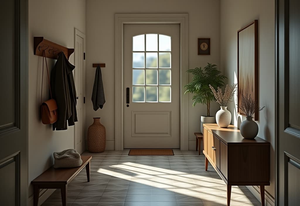  a landscape photo of a rental entryway featuring a diy coat rack, removable floor tiles, and a floating console table with hidden storage hyperrealistic, full body, detailed clothing, highly detailed, cinematic lighting, stunningly beautiful, intricate, sharp focus, f/1. 8, 85mm, (centered image composition), (professionally color graded), ((bright soft diffused light)), volumetric fog, trending on instagram, trending on tumblr, HDR 4K, 8K