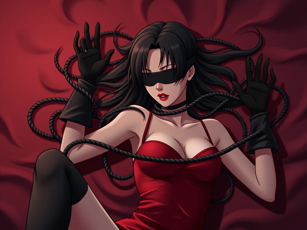  anime succubus in black satin gloves, a red dress, stockings, blindfolded and gagged lies and strangles herself with a rope wrapped around her 