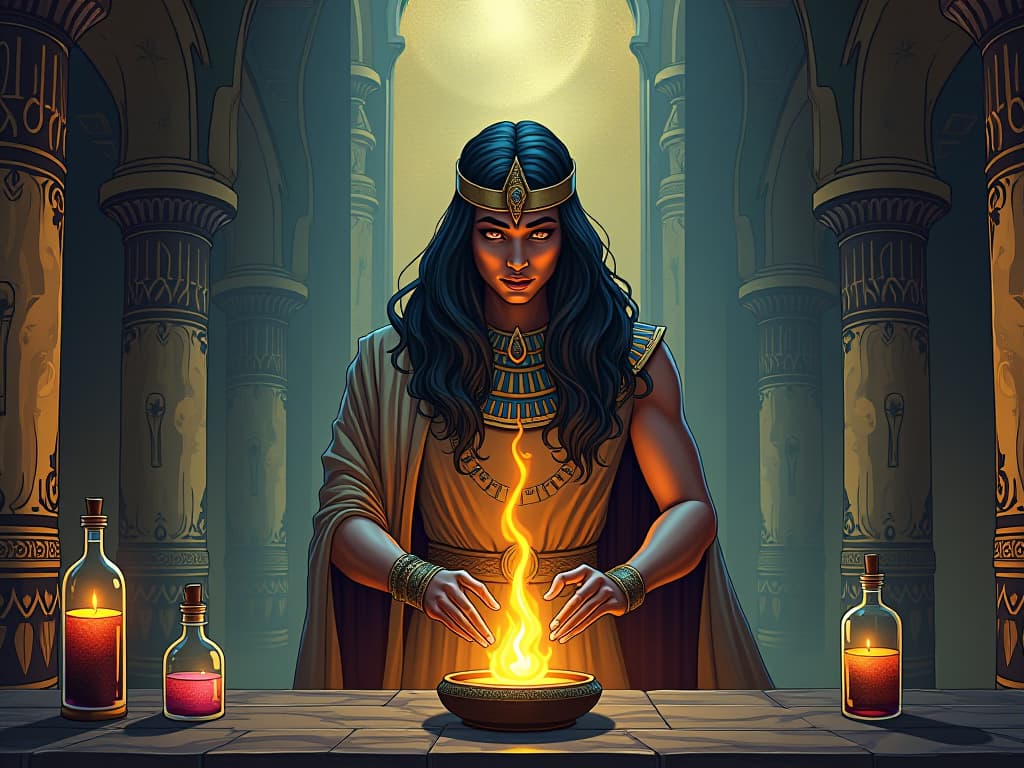  alchemist in a mystical chamber, manipulating glowing potions, symbolizing active role in shaping one’s destiny. the style is digital art illustration / modern comic book / mysterious occult, symbolic, esoteric vibe,high detail on character design, incorporating ancient egyptian symbology and attire.