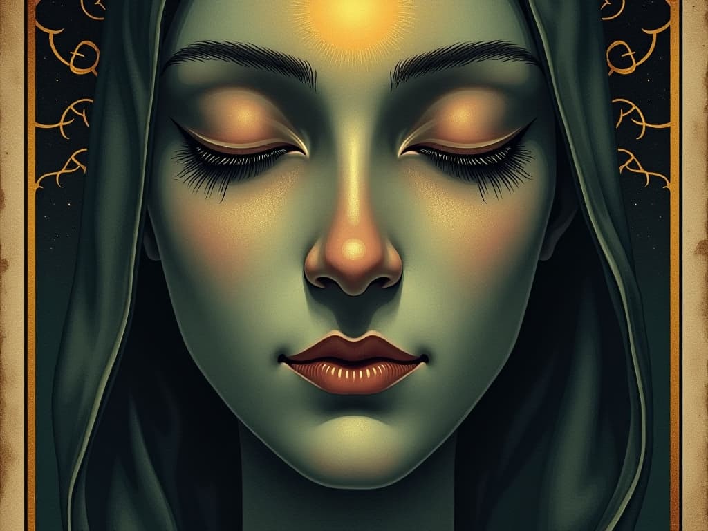  close up of an enlightened figure's face, tranquil expression, illuminated by soft light, serene, composed, gentle radiance. an illustration in the style of a worn, mystical old tarot trump card, mysterious and elements of surrealism. the colors are muted, somber and eerie, but with contrast bring out an occult and esoteric vibe.