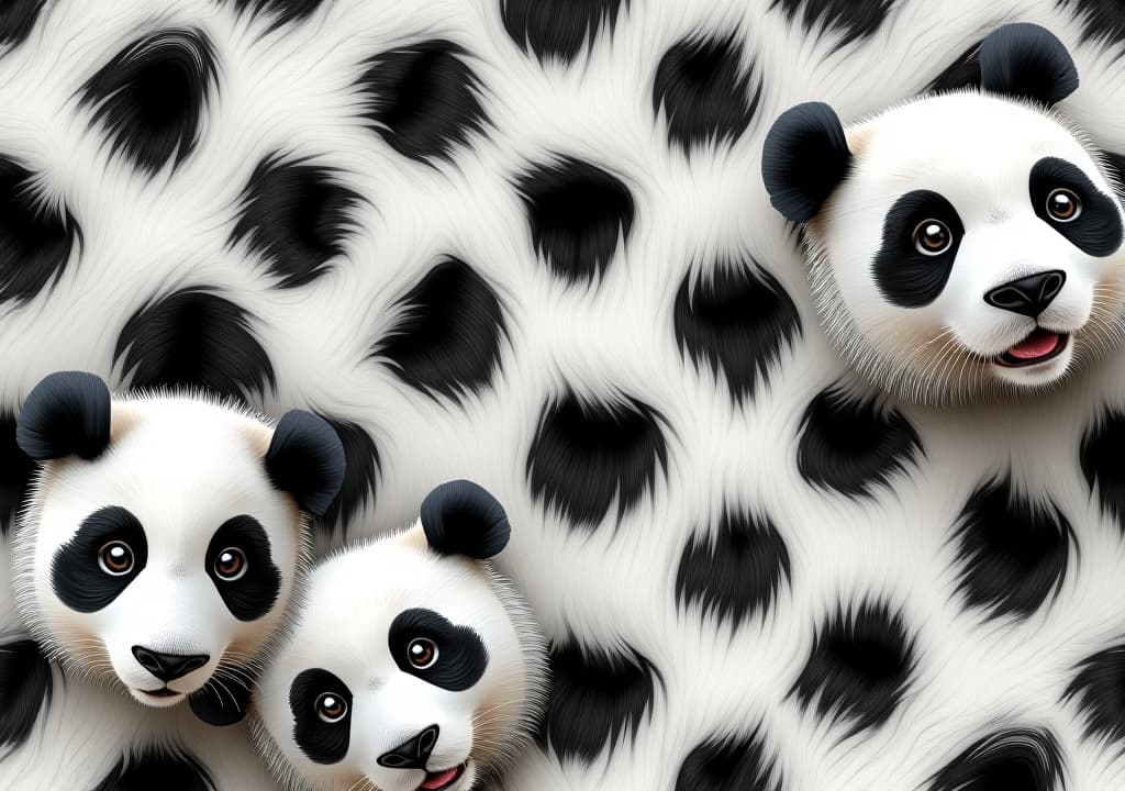  seamless pattern of panda skin, animal fur print texture, black and white patches background, fluffy wallpaper .