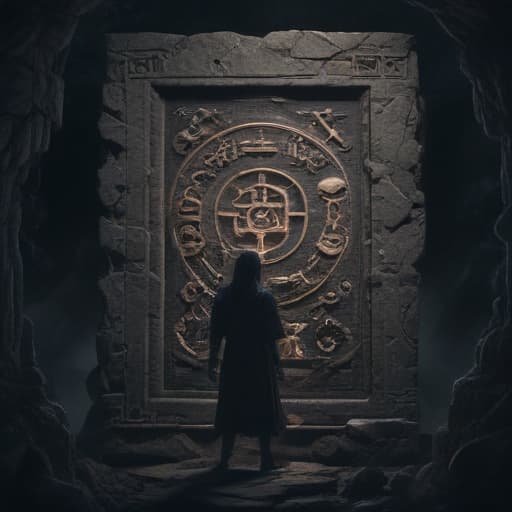 In the digital art style of Akina Fujiwara, create an image of a mystical, ancient stone tablet adorned with intricate runes and symbols. The stone radiates a dark energy, surrounded by a faint, ominous glow. A shadowy figure appears to be reaching out towards the stone, focusing their energy and attention on its power. Wisps of dark magic swirl around them, hinting at the mysterious abilities granted by the stone. The background is shrouded in darkness, emphasizing the mystical and arcane nature of the scene. fantastical creatures or characters inspired by mythology, folklore, or popular culture. use vibrant colors, sharp lines, intricate details, dynamic poses, dramatic lighting, atmospheric backgrounds, and blend anime, manga, and Wester