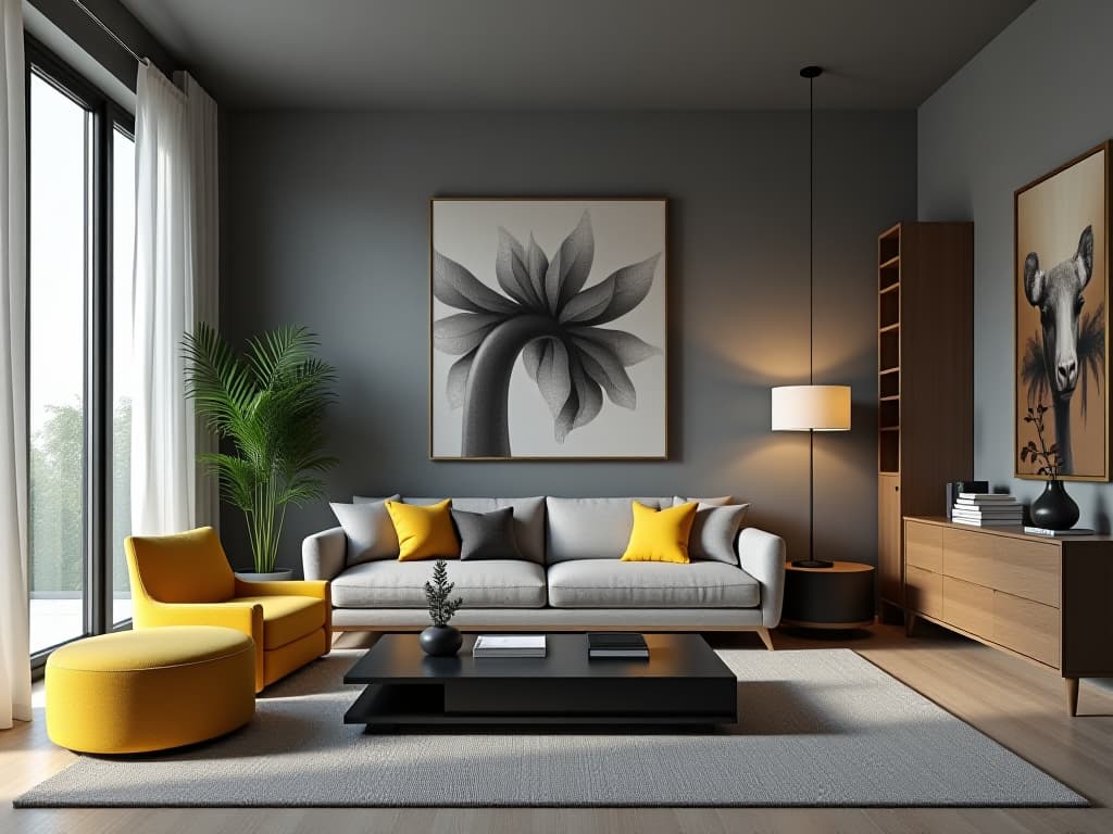  a modern room with grey and yellow decor hyperrealistic, full body, detailed clothing, highly detailed, cinematic lighting, stunningly beautiful, intricate, sharp focus, f/1. 8, 85mm, (centered image composition), (professionally color graded), ((bright soft diffused light)), volumetric fog, trending on instagram, trending on tumblr, HDR 4K, 8K