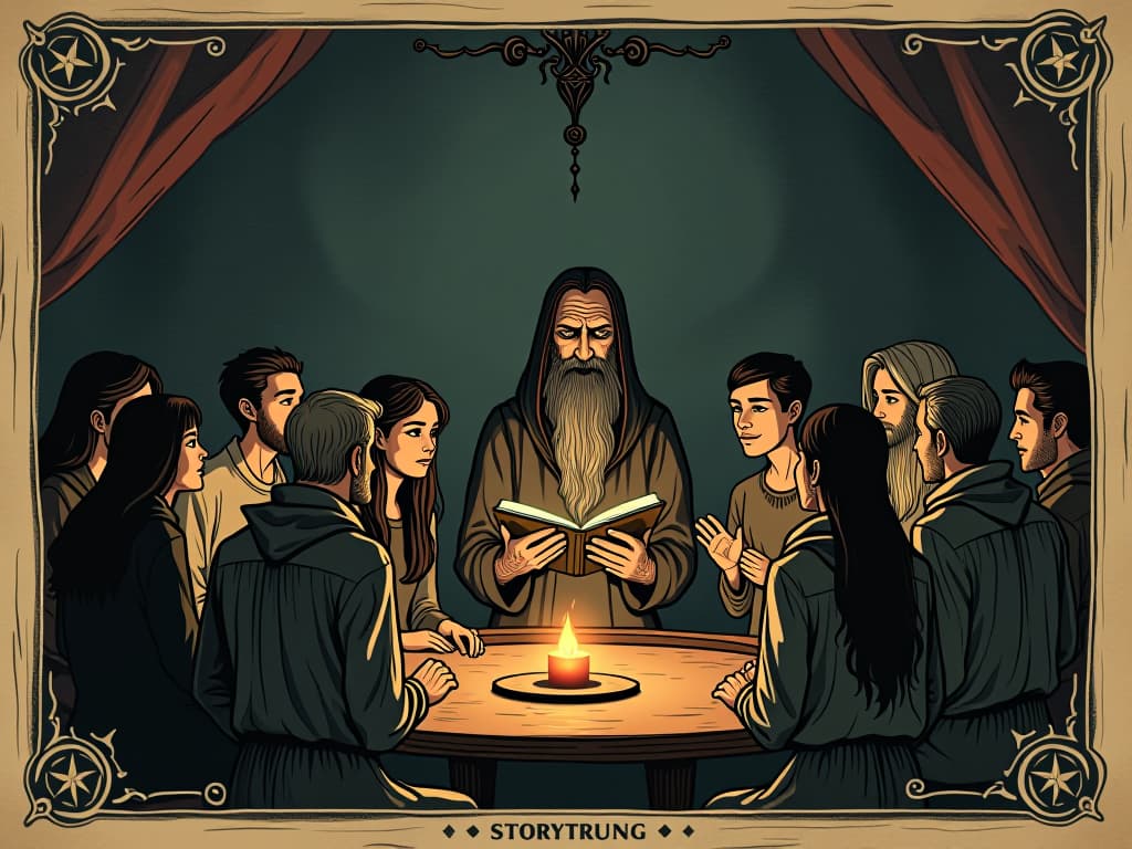  people listening to stories, gathered around, storyteller animated with expressive gestures, rapt faces, cozy setting, warm lighting, atmosphere of connection. an illustration in the style of a worn, mystical old tarot trump card, mysterious and elements of surrealism. the colors are muted, somber and eerie, but with contrast bring out an occult and esoteric vibe.