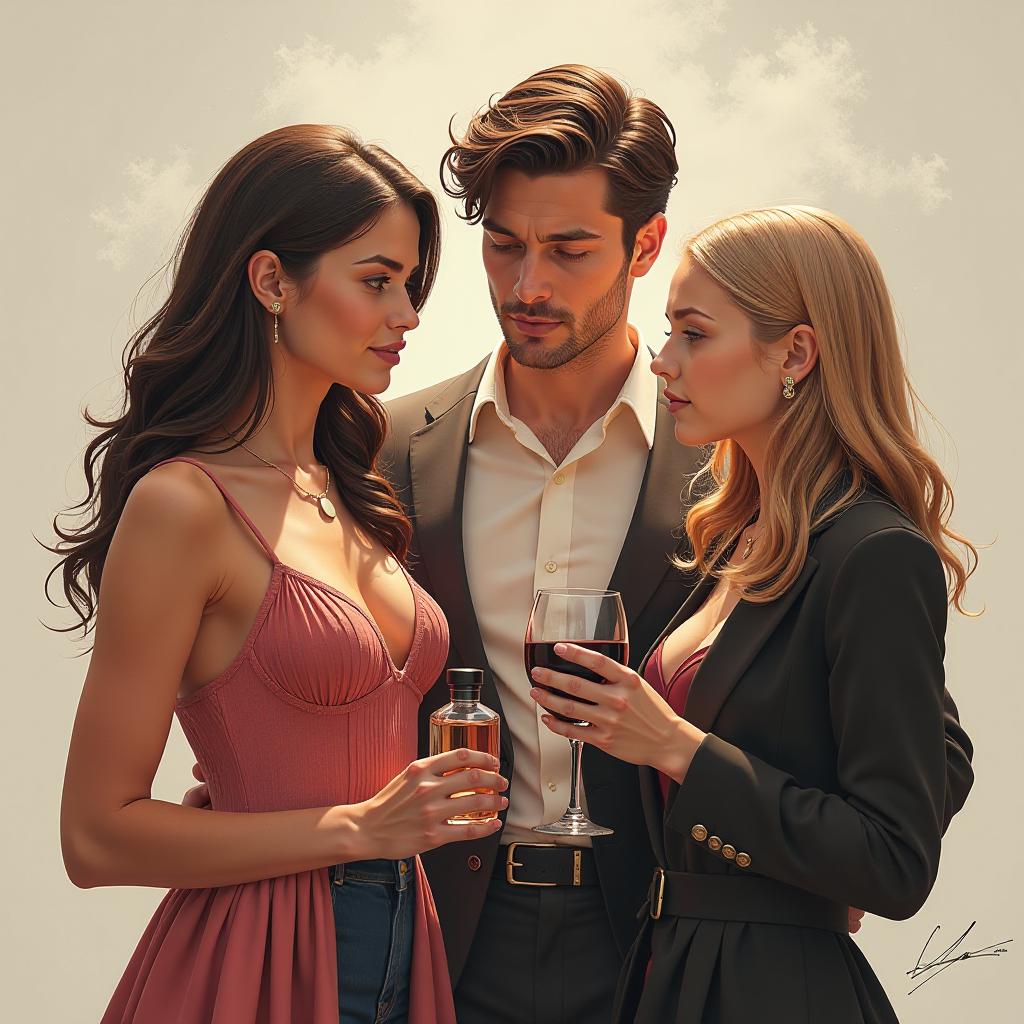  two girls and one man. one girl holding a bottle of perfume, the other (shorter than the first) with a tablet and a pen. and the man with a glass of wine. style realistic drawing. hyperrealistic, full body, detailed clothing, highly detailed, cinematic lighting, stunningly beautiful, intricate, sharp focus, f/1. 8, 85mm, (centered image composition), (professionally color graded), ((bright soft diffused light)), volumetric fog, trending on instagram, trending on tumblr, HDR 4K, 8K