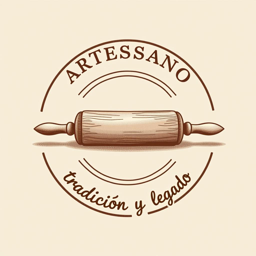  design a logo, in a pencil style. “artessano” simple and elegant design circular design light and brown tones use a rolling pin image , with the text 'tradición y legado'.