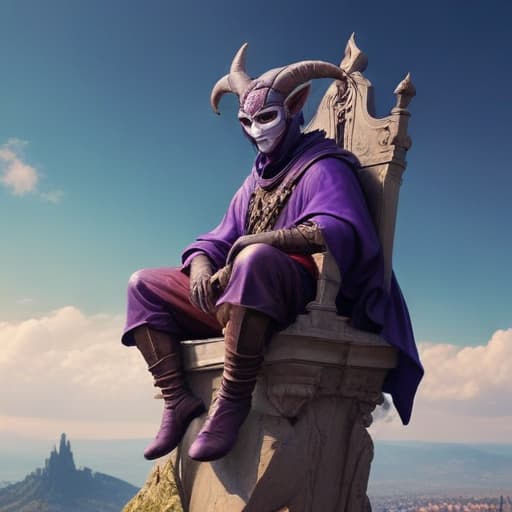 In a mystical realm, a masked purple jester named Jester of DEMIC sits atop a grand throne, perched on a towering castle. His skin is stone-like, giving him an otherworldly appearance. In each hand, he grips a sharp sickle, ready for any challenge that may come his way. The earthy tones of his surroundings add to the mysterious and enchanting atmosphere of this digital artwork. fantastical creatures or characters inspired by mythology, folklore, or popular culture. use vibrant colors, sharp lines, intricate details, dynamic poses, dramatic lighting, atmospheric backgrounds, and blend anime, manga, and Western comic influences.