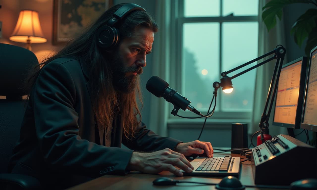  horror themed a long haired man in shock works at a radio studio with a microphone. his studio was out of town on a high hill. so, from here you could see nature and the town itself, almost from a bird's eye view. . eerie, unsettling, dark, spooky, suspenseful, grim, highly detailed