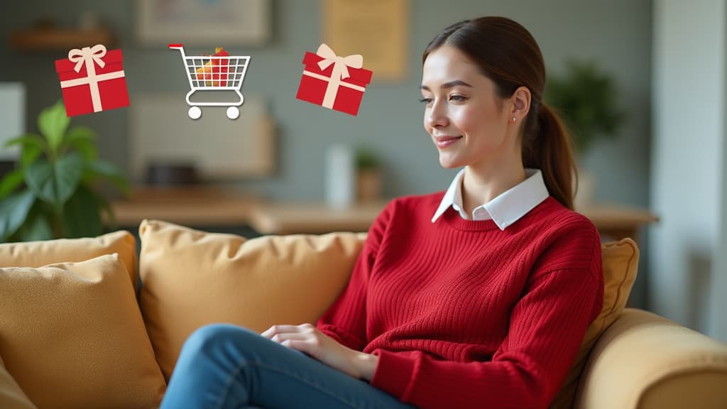  a woman sits on a sofa in a red sweater, above her are icons of a grocery cart and gifts ar 16:9 {prompt}, maximum details