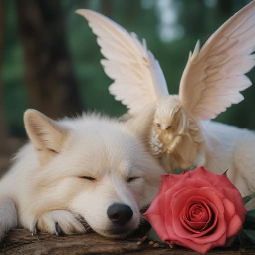 A fairy sleeping on her rose next to an angel, wolf, and dragon in Macro Photography style with Forests background